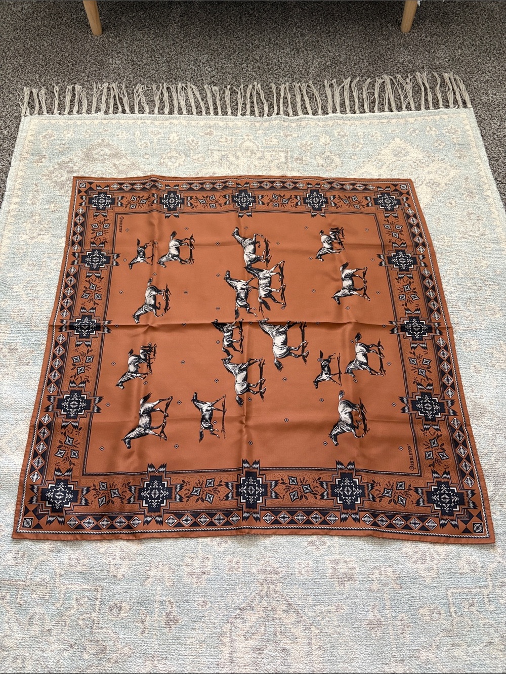 Pendleton Rust Horse Print Silk Scarf with Black & Brown Accents